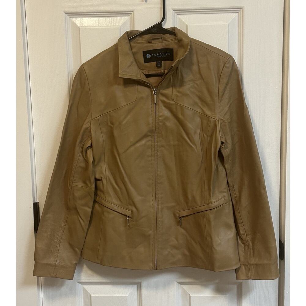Kenneth Cole Reaction Women's Tan/Brown Leather Jacket Zip Up Size M